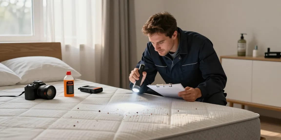 Bed bug exterminator inspecting mattress in a warm, inviting bedroom.