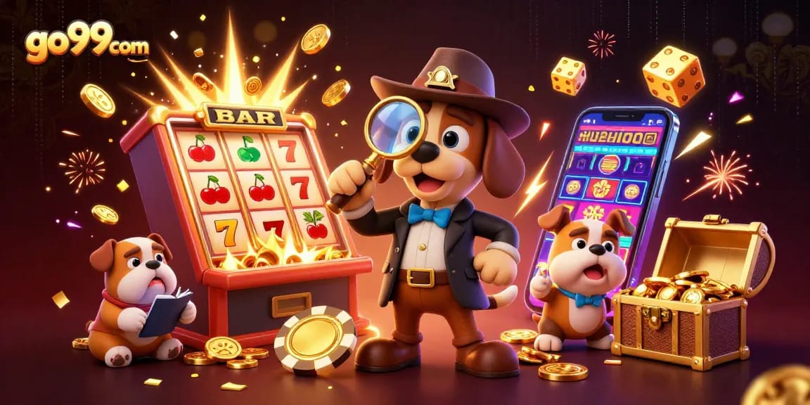 Experience the thrill at go99com with a vibrant casino scene featuring detectives uncovering treasure!