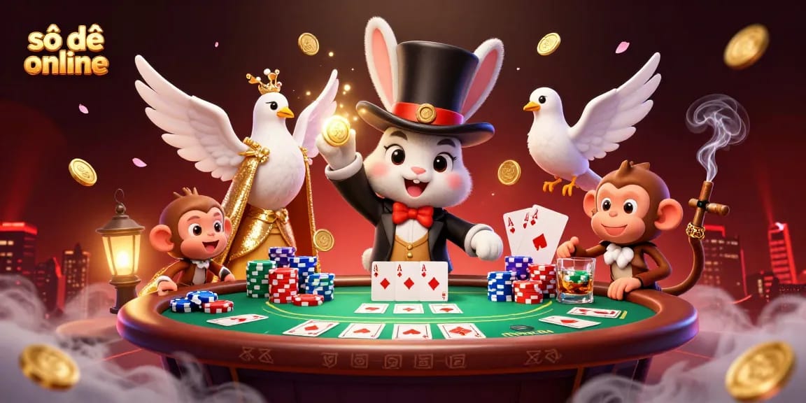 Engage with số đề online as a 3D cartoon magician rabbit reveals golden coins amidst casino excitement.