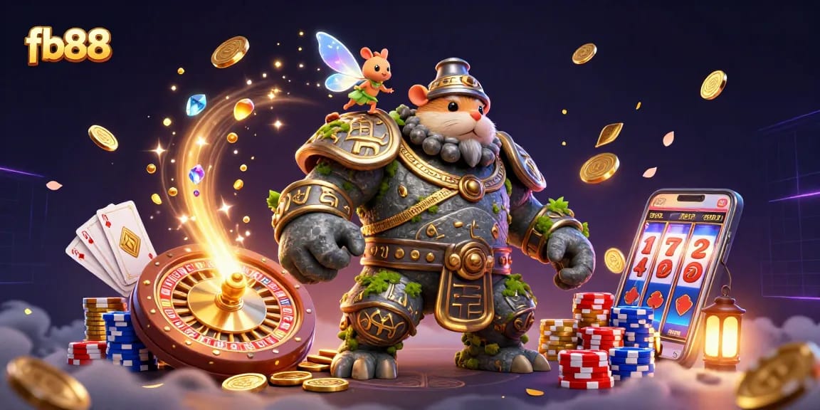 Win big with fb88's vibrant casino illustration featuring exciting gaming elements and magical characters.