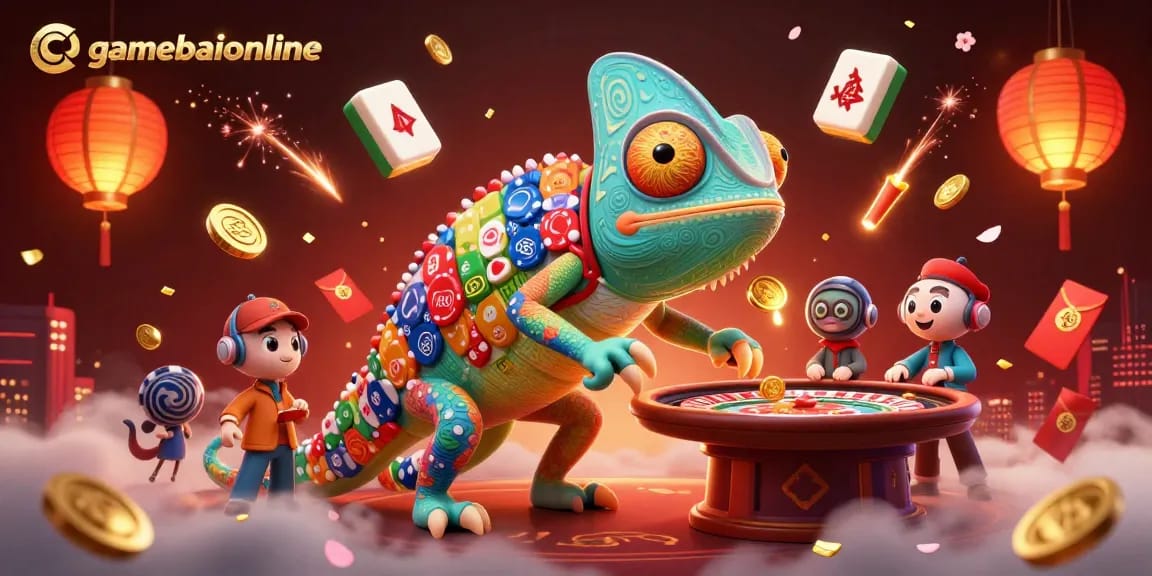 Engage in thrilling gameplay on gamebaiionline with the vibrant chameleon casino owner illustration.