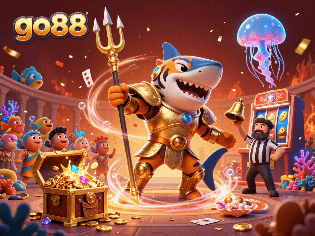 Experience the thrill of go88 with a lively underwater casino scene featuring a shark gladiator.