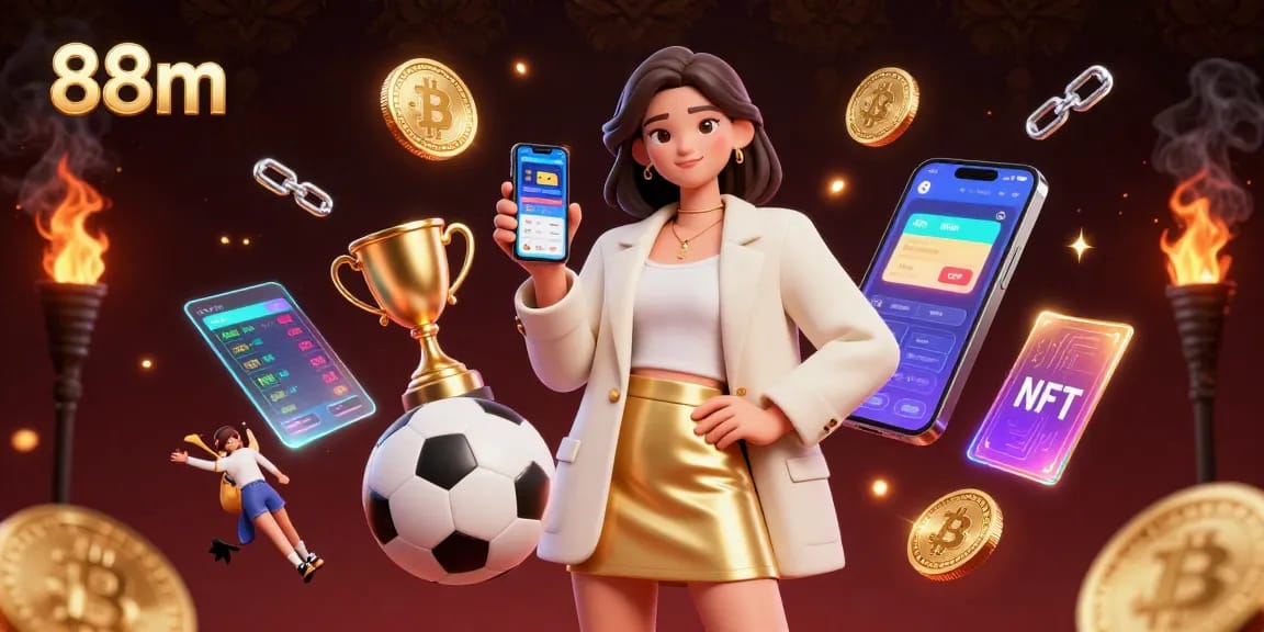 Experience winning with 88m, featuring a cheerful Asian woman engaged in sports betting with vibrant casino elements.