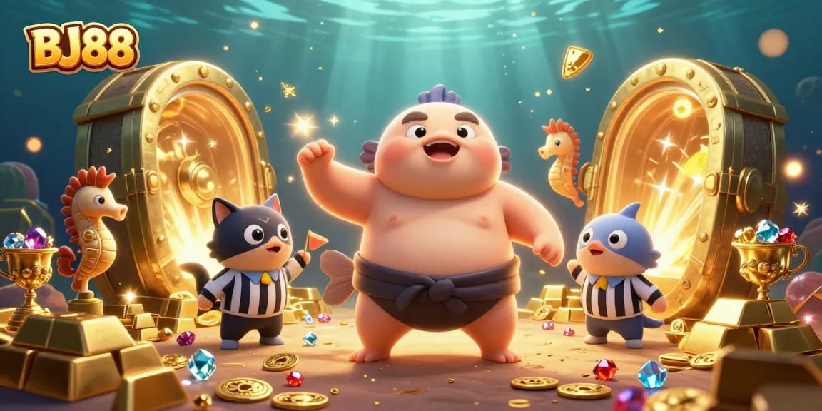 BJ88 blowfish referee and seahorse spectators create an exciting underwater casino scene.