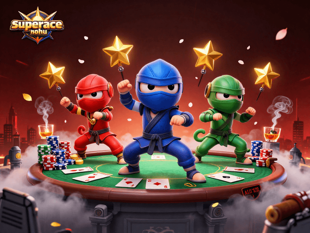 Synchronized chameleon ninjas showcasing superace-nohu casino excitement with poker elements in a dynamic scene.