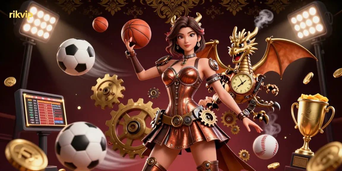 Experience thrilling gameplay with rikvip in a vibrant 3D casino illustration, featuring dynamic sports elements and stunning characters.