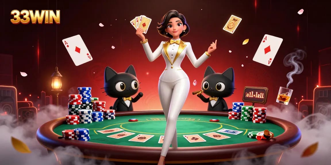 33WIN reveals a glamorous scene of a woman shuffling cards with a cat by her side, showcasing vibrant casino action.