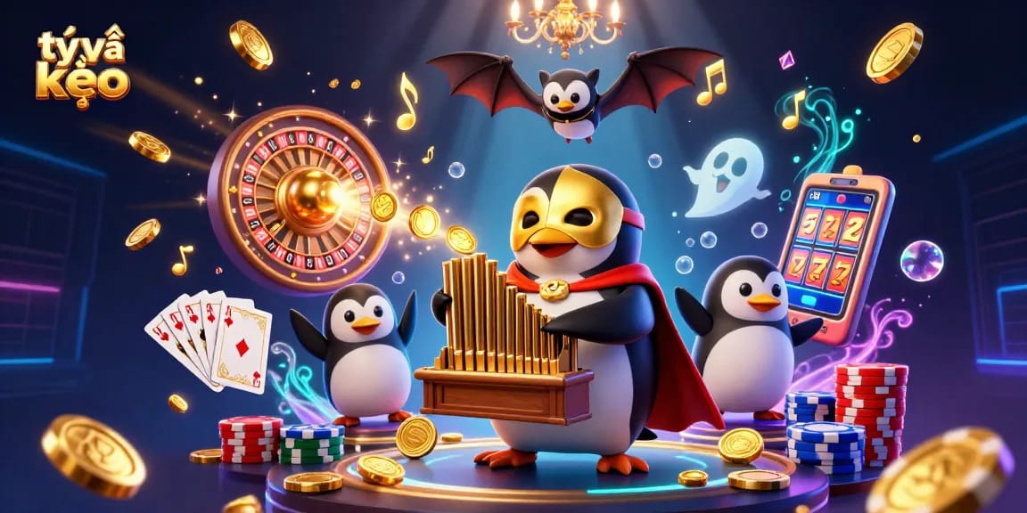 Cascading golden coins symbolize tỷ lệ kèo as a whimsical penguin plays a golden pipe organ in a lively casino scene