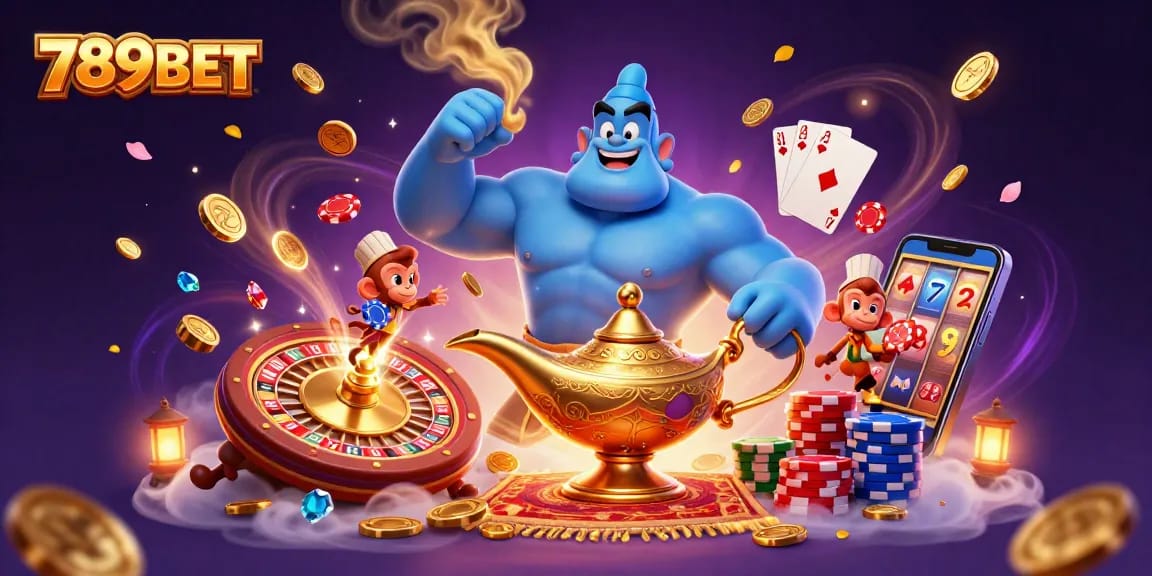 Engage in thrilling gameplay with 789BET at a vibrant online casino featuring a genie and poker chips.