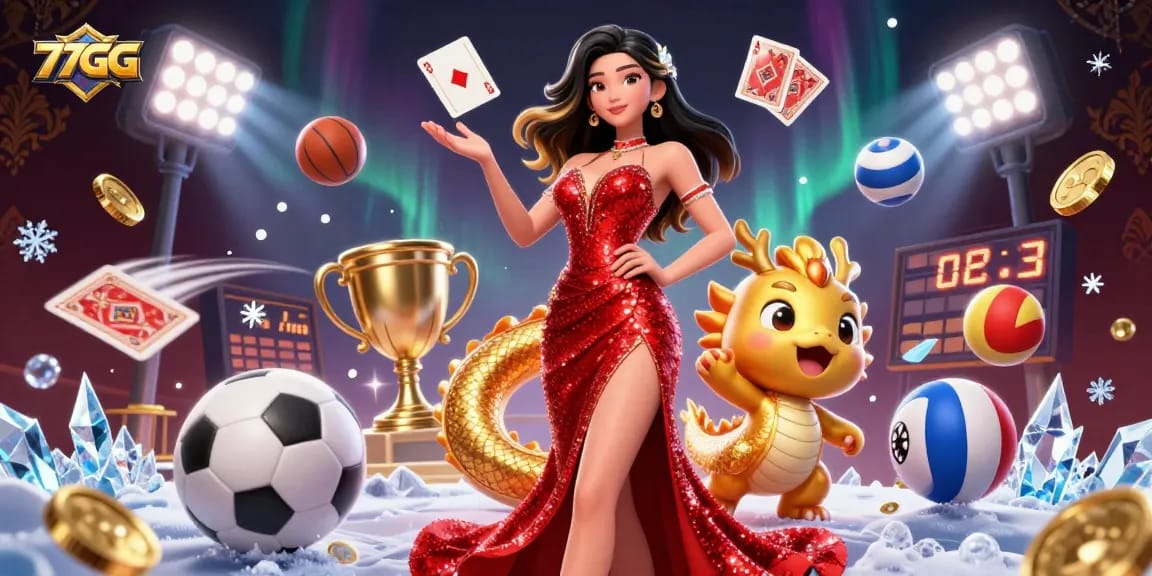 77GG offers an engaging experience with illustrated Asian woman and golden dragon in a vibrant casino scene.