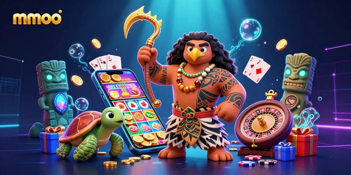 Engage in thrilling wins at mmoo with a vibrant scene showcasing a Polynesian demigod and casino games.