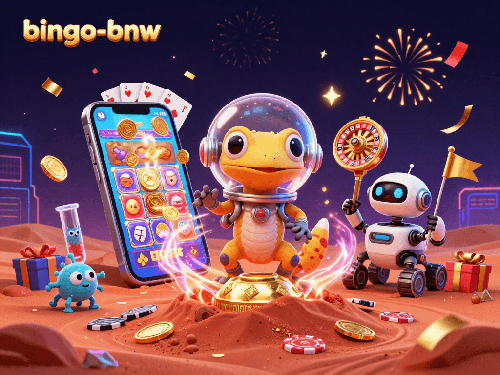Experience the excitement of bingo-bnw with a Martian gecko navigating a golden casino on Mars.