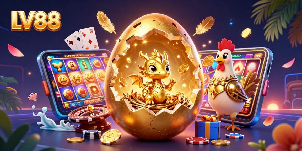Watch LV88's golden dragon emerge from a stunning egg surrounded by enticing casino elements.