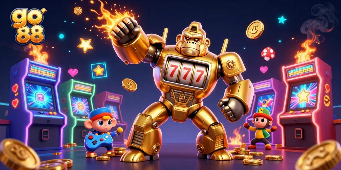 Engage with go 88's thrilling 3D gaming experience featuring a golden gorilla mech!