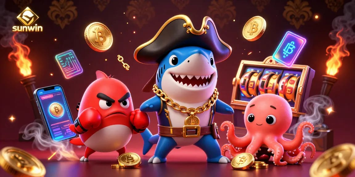 Engaging scene with sunwin characters, a shark, pufferfish, and octopus in a dynamic casino environment.