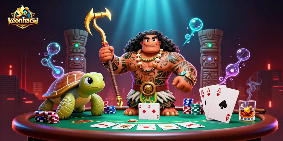 Engage with the vibrant keonhacai poker scene featuring a demigod hawk and poker elements.