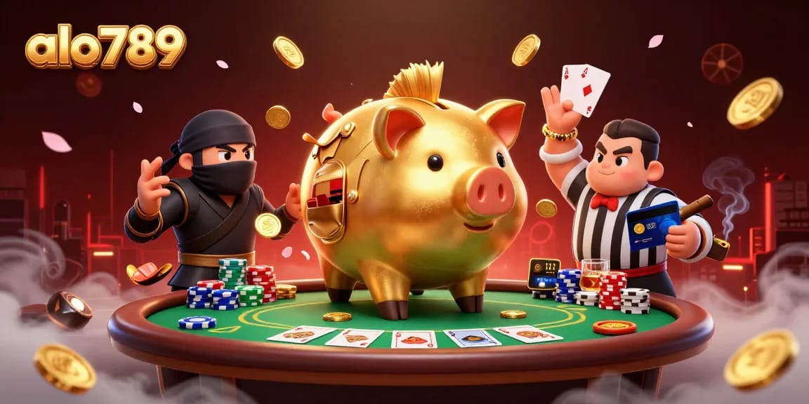 Alo789 features a dynamic scene with a golden piggy bank sumo wrestler surrounded by poker elements and vibrant colors.