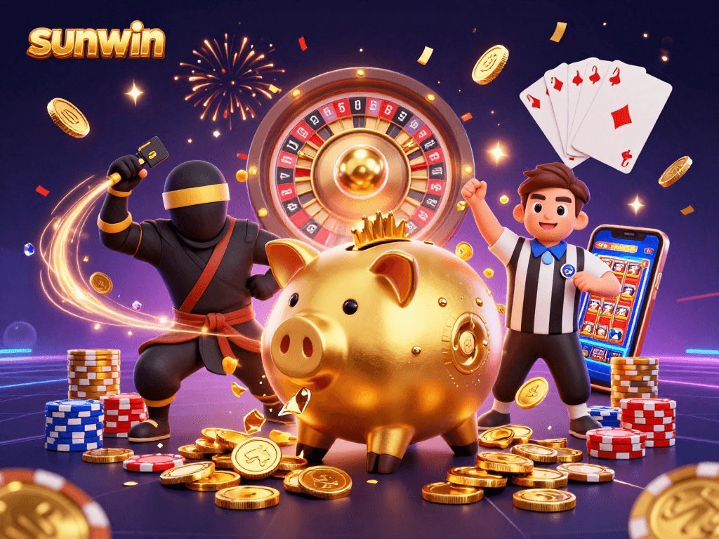 Experience the excitement of sunwin casino with a golden piggy bank wrestler and dazzling game elements.