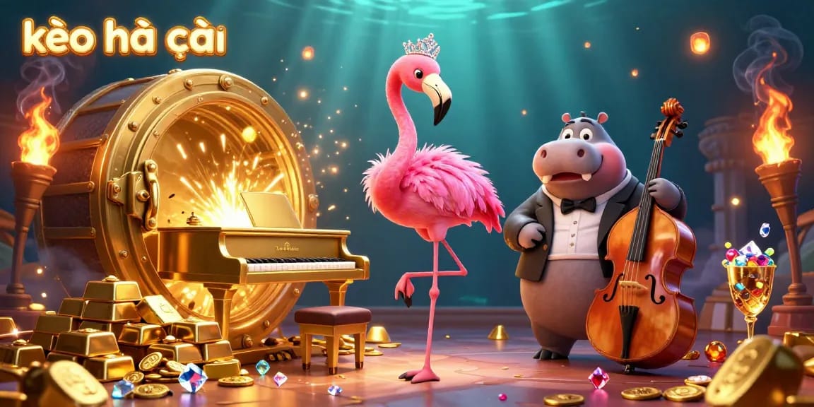 Engage with kèo nhà cái in this vibrant casino scene featuring a singing flamingo at a piano with a hippo bassist.