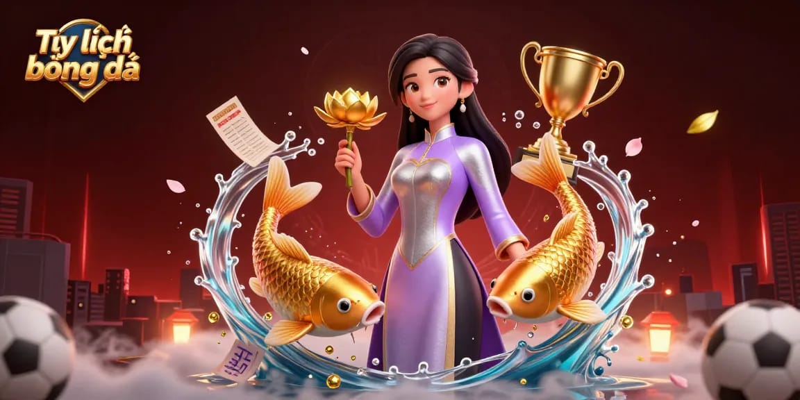 Tỷ lệ bóng đá illustrated with an Asian woman holding a lotus flower and sports betting elements.