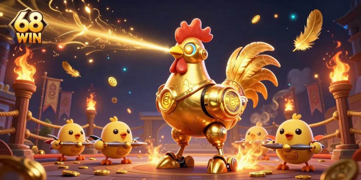 68 WIN showcases thrilling gambling action with golden rooster robot and drones amid vibrant casino elements.