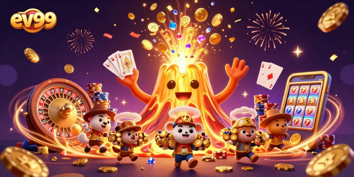 ev99 sparks excitement with a dynamic scene of treasure and triumph in a casino-themed adventure.