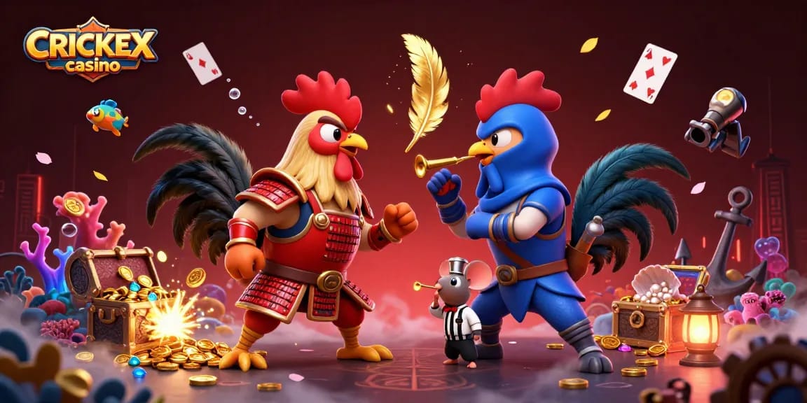 Experience the excitement of CRICKEX casino with a dynamic scene of twin roosters and vibrant gaming elements.