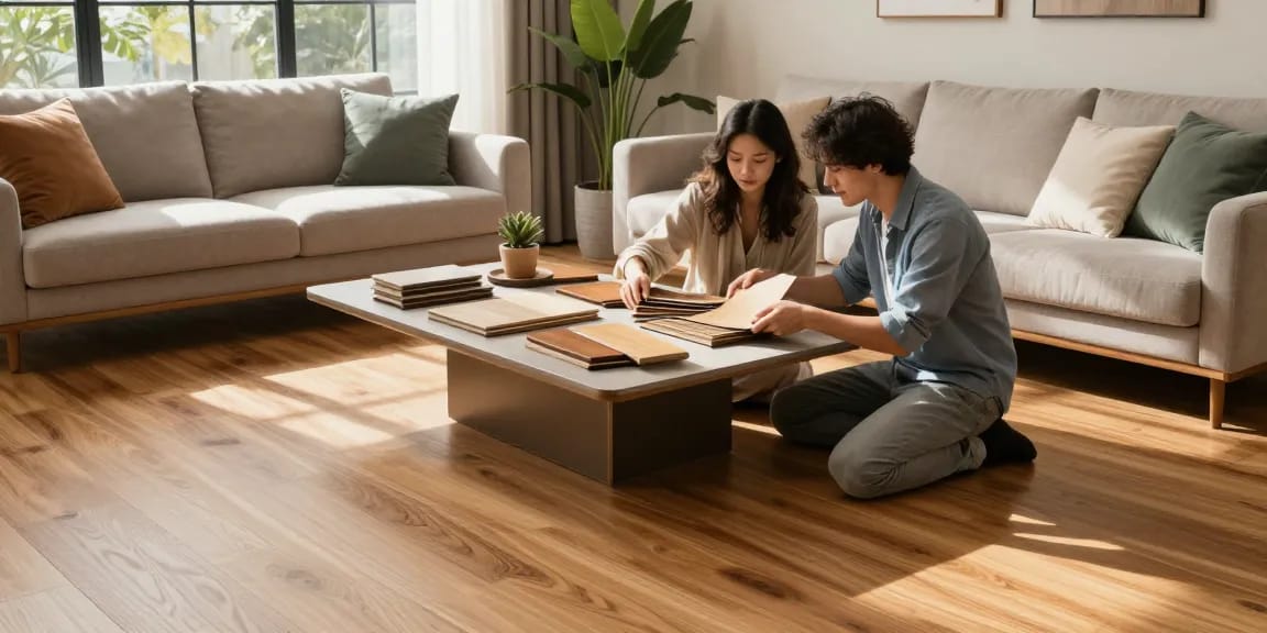 Laminate flooring experts guide homeowners choosing between laminate and engineered wood options in stylish living room.