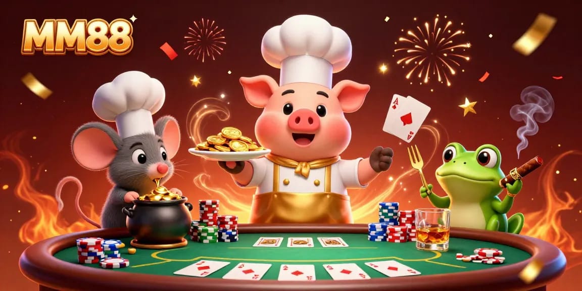 Experience thrilling wins at MM88 with iconic characters enjoying a vibrant casino atmosphere.