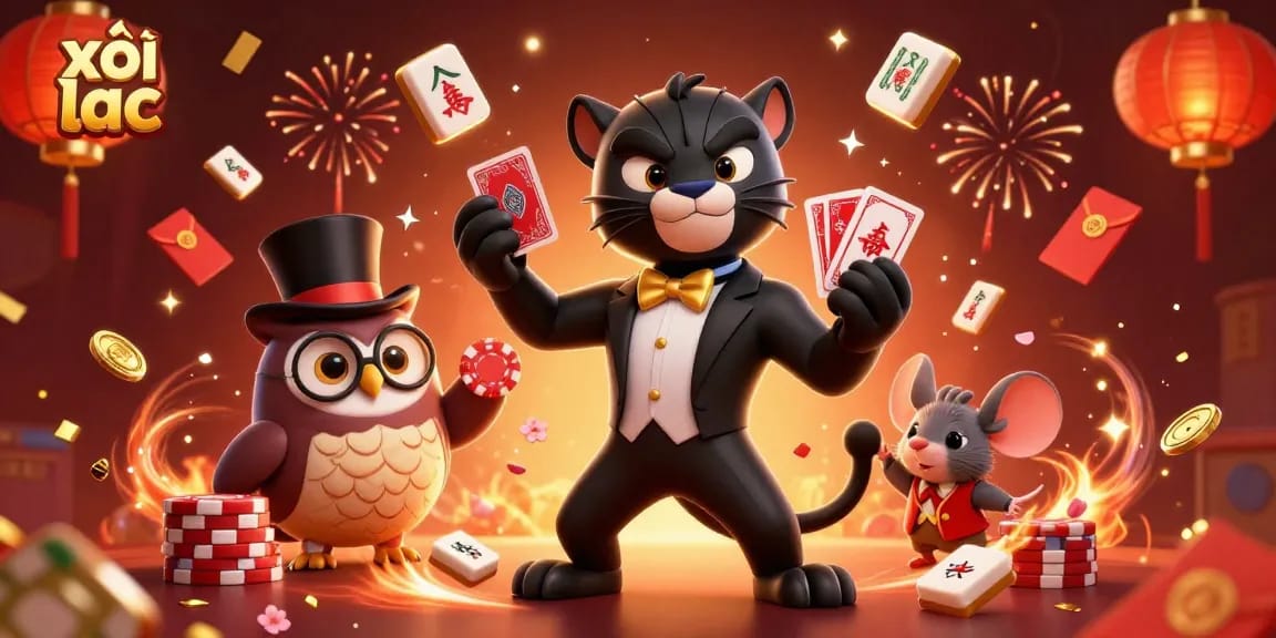 Engage with xôi lạc while enjoying an immersive 3D casino-themed scene featuring vibrant characters and dynamic elements.