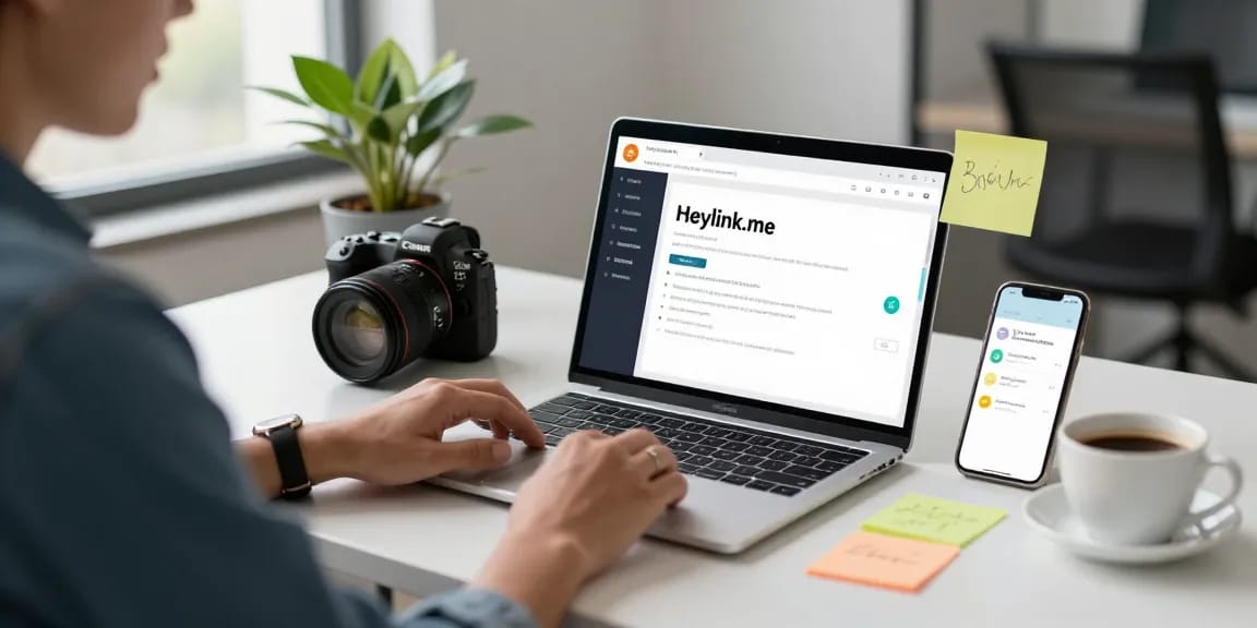 Ilustrasi GEGESLOT di workspace modern, tampilan Heylink.me pada laptop, suasana produktif.