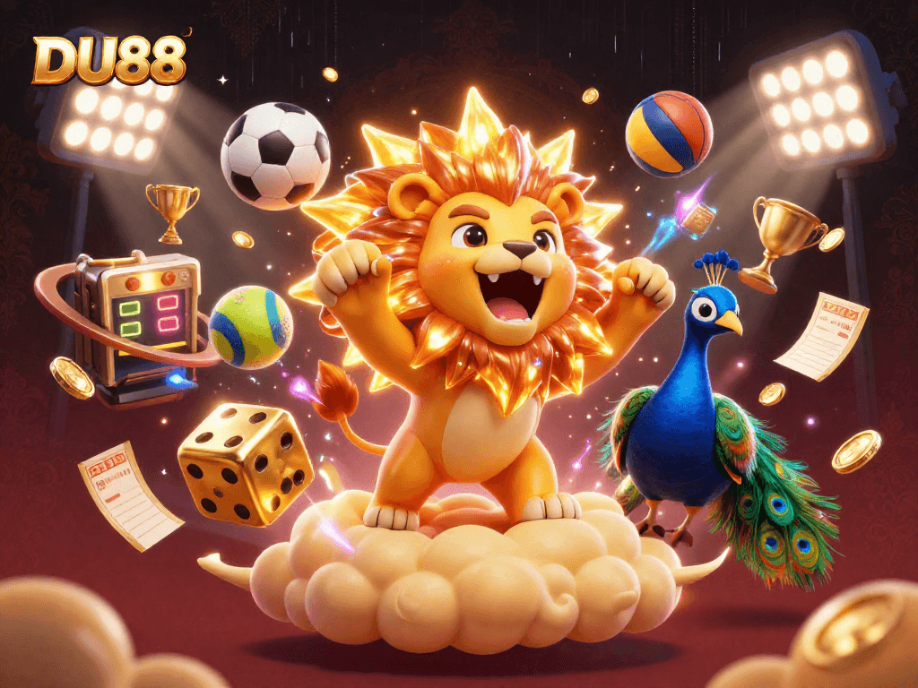 Experience the excitement of DU88 with a roaring lion and dynamic sports elements in a vibrant casino setting.