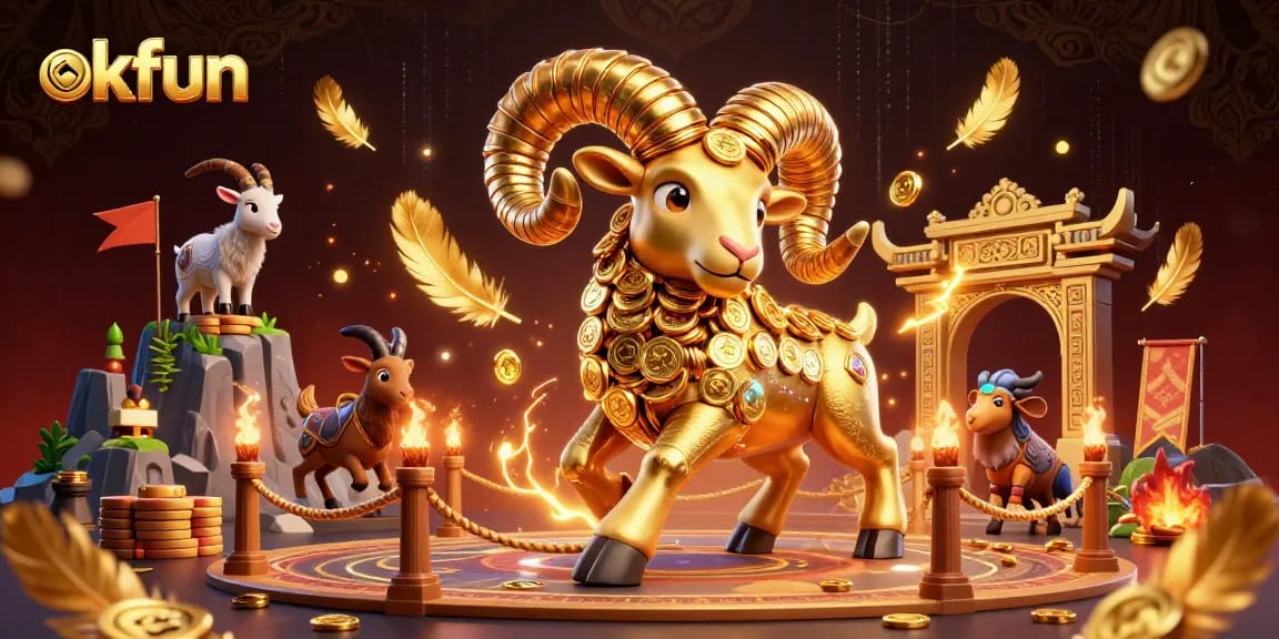 Engage with okfun's golden ram in a vibrant illustration that captures the excitement of online gambling.