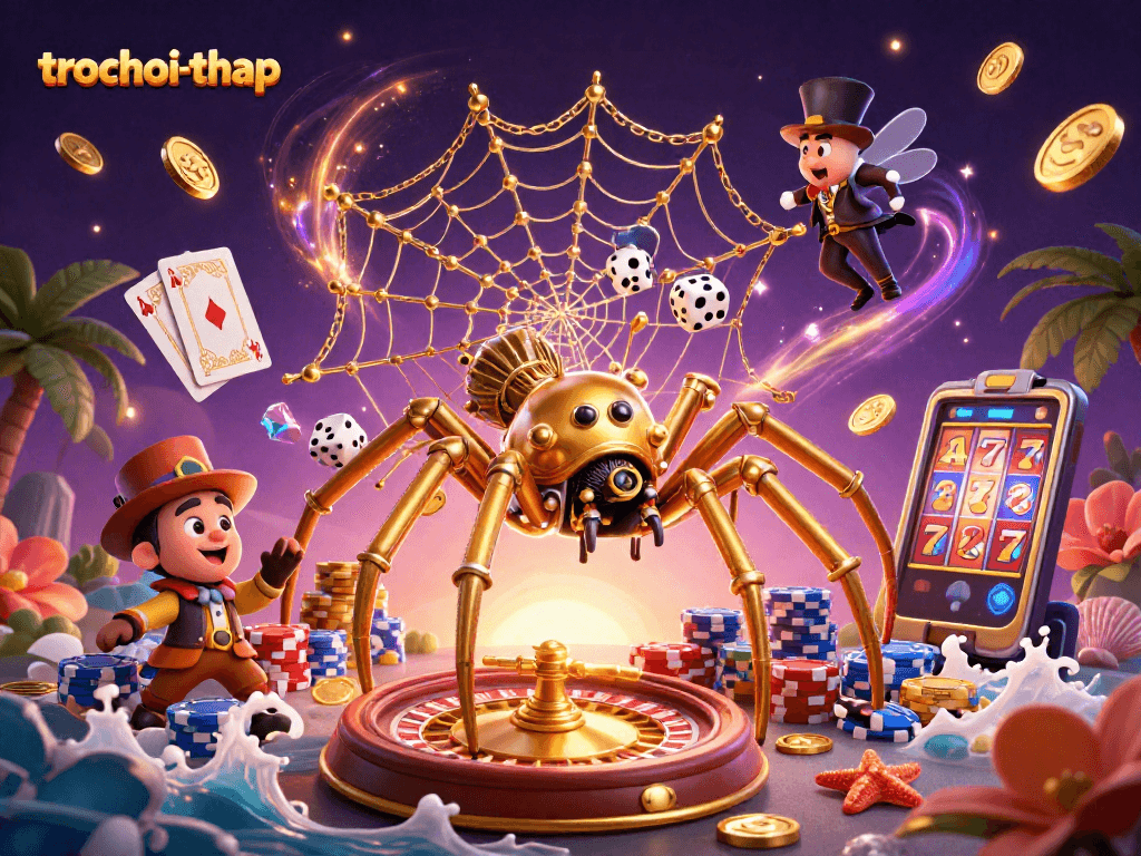 Catch the thrill of trochoi-thap with a whimsical steampunk spider weaving golden chains and poker chips in a vibrant casino setting.