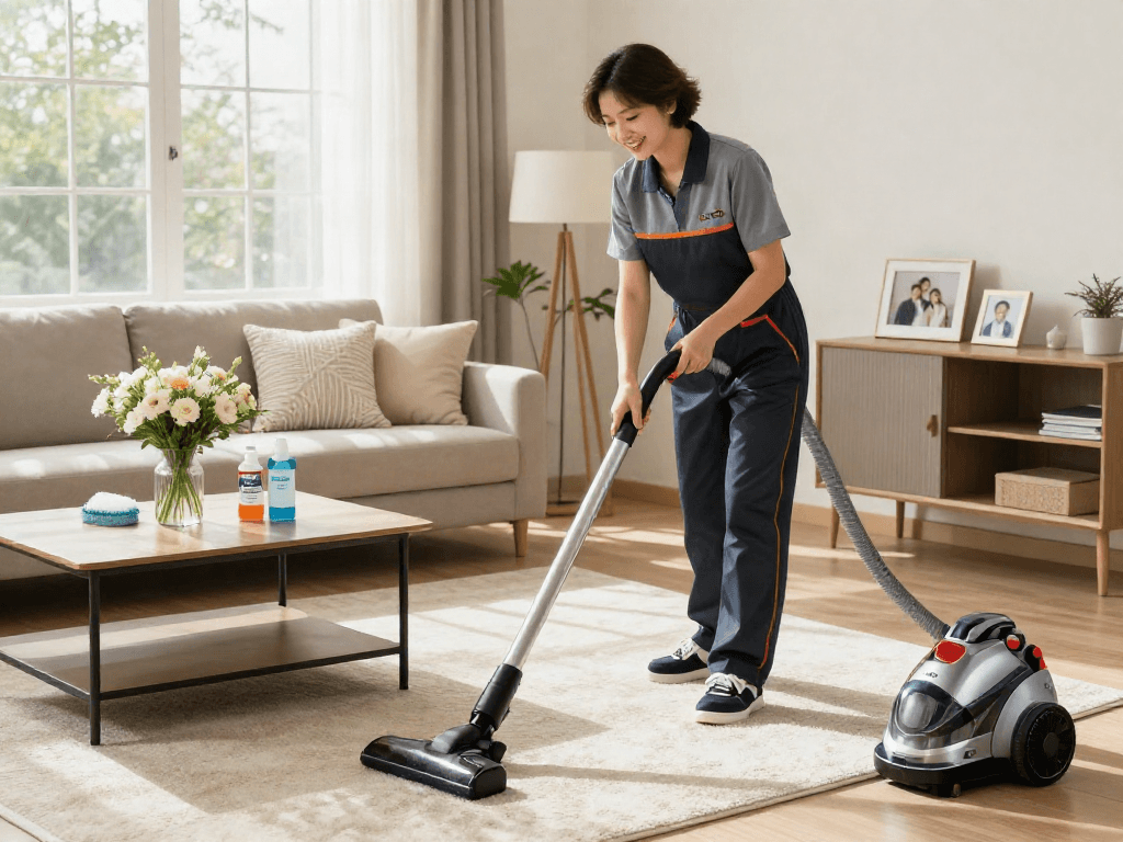 Professional cleaner using a vacuum in a bright living room, showcasing effective home cleaning with slot 10k.