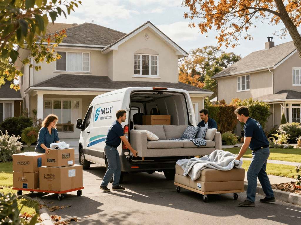 House movers efficiently loading a sofa into a removal van in a sunny suburban neighbourhood.