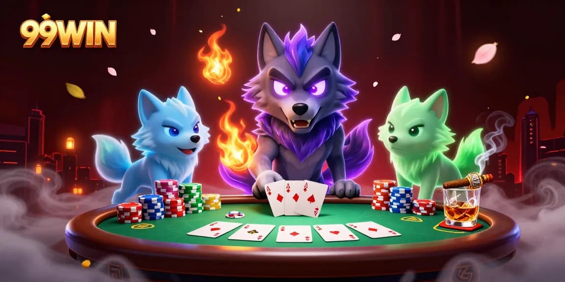 99WIN players enjoy a thrilling poker experience with glowing wolves and vibrant game elements.