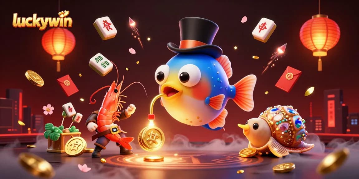 luckywin attracts golden coins in a vibrant casino scene with animated characters.