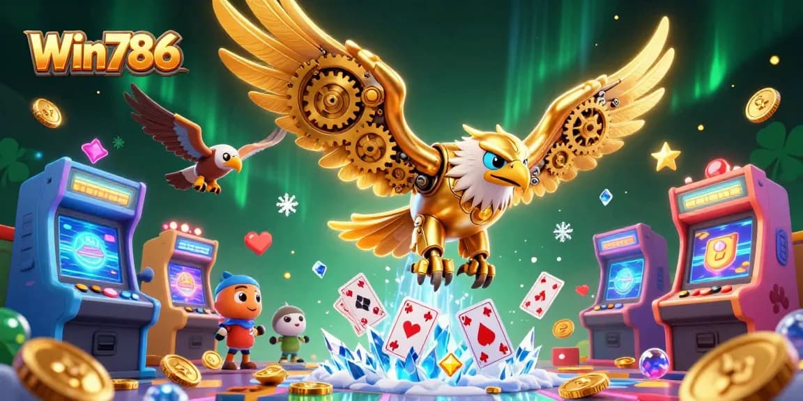 Experience thrilling gameplay at Win786 with a cybernetic eagle diving through holographic cards.