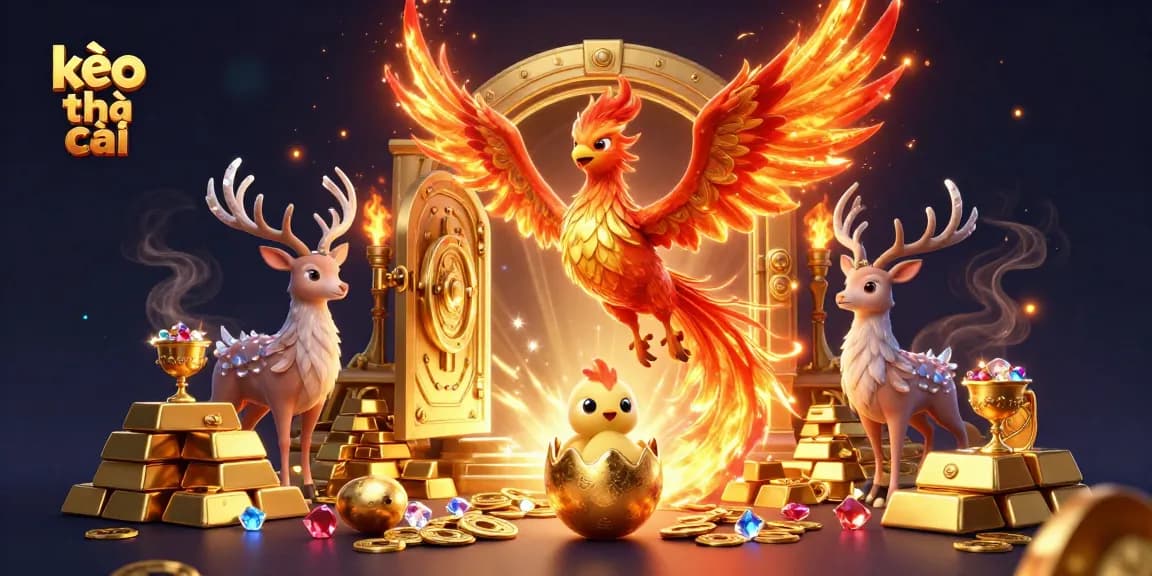 Kèo nhà cái insights with a majestic fire phoenix and treasure elements soaring in a dynamic casino scene.
