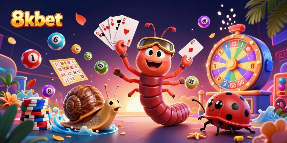 8xbet showcases an energetic casino scene with a millipede dealer and a high-roller snail surrounded by dynamic game elements.