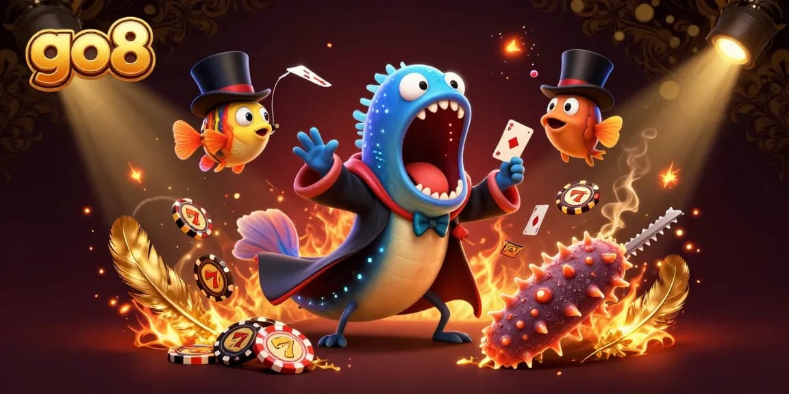 Experience thrilling casino magic with go8, featuring an eel magician amidst dazzling elements.