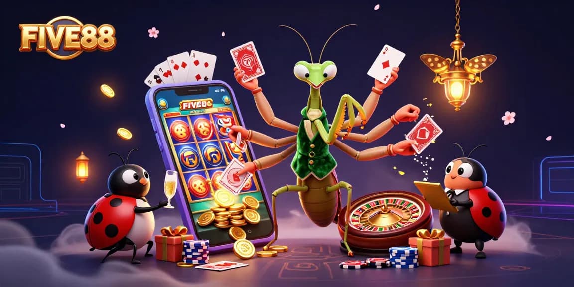 Experience the thrill of FIVE88 with a dynamic 3D casino scene featuring vibrant characters and gaming elements.