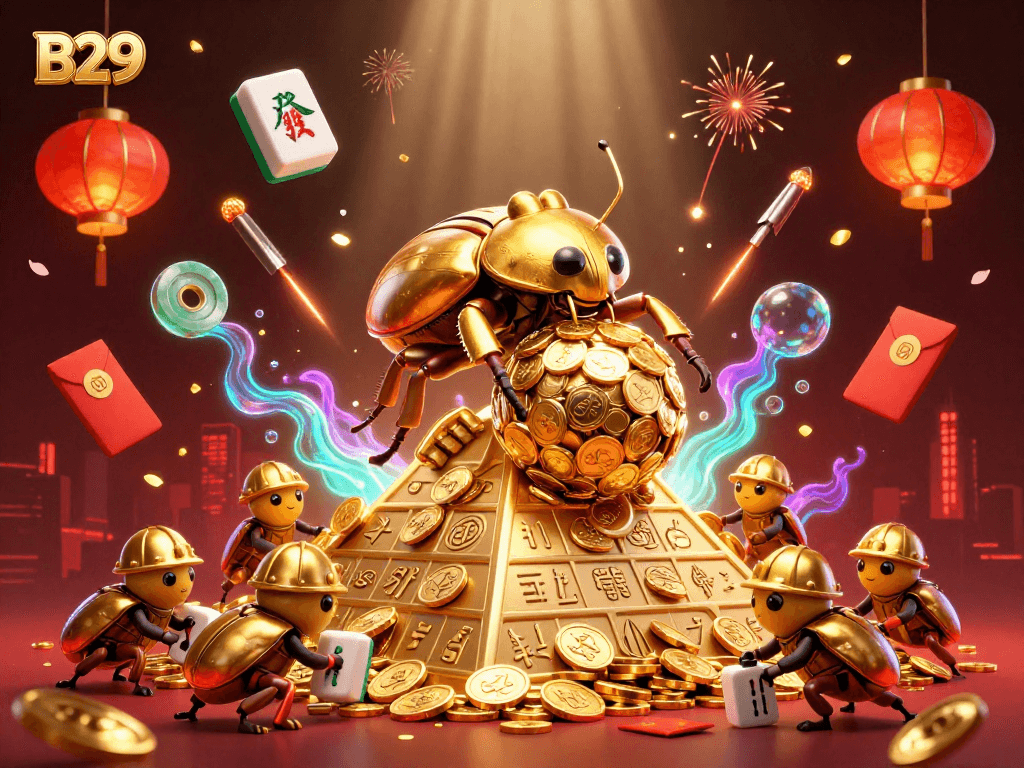 Experience the thrill at B29 as golden beetles roll coins in a lively casino setting.