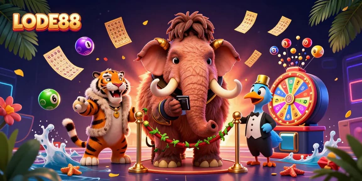 Join the excitement at LODE88 with dynamic illustrations of vibrant lottery elements and engaging characters.