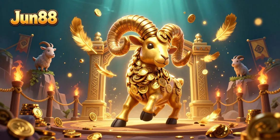 Experience the thrill of Jun88 with a golden ram charging through a lively casino scene filled with action and excitement.