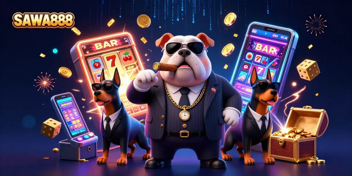 Experience the excitement of SAWA888 with a 3D mafia bulldog and Doberman bodyguards amidst thrilling casino elements.