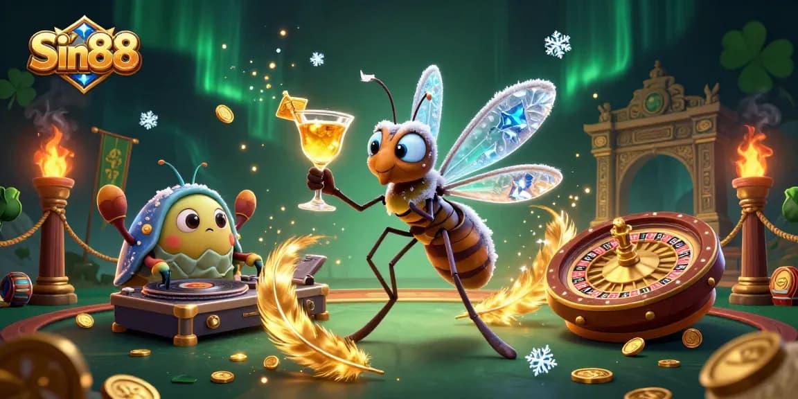 Experience the Sin88 casino with a vibrant scene of animated characters and golden gaming elements.