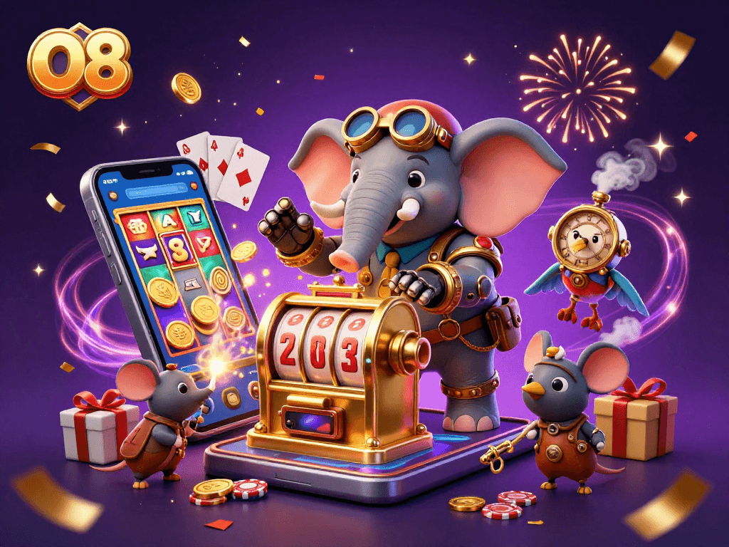 Experience the excitement of O8's games with a steampunk elephant operating a vibrant slot machine.