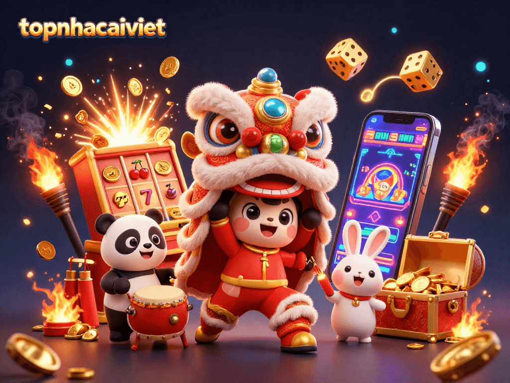 Spin and win with topnhacaiviet alongside a festive lion dance, lucky symbols, and vibrant casino elements.